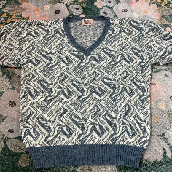 First Landing Sweater Mens Large Blue Abstract Wool V Neck Pullover Knit Vintage - Picture 10 of 12